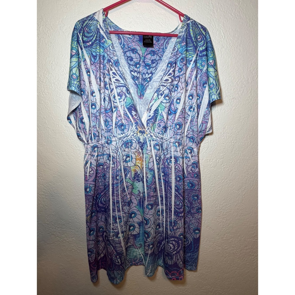 Catalina Swim Cover Up Dress Cool Blue Psychedelic Print 1X XL UW224904Y